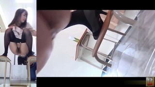 pink dress woman pooping in cube