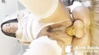 Girl in a bride outfit pisses and shits herself on a di