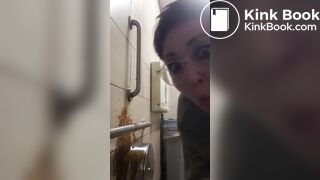 Woman has diarrhea on bathroom wall