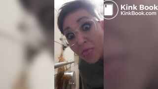 Woman has diarrhea on bathroom wall