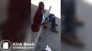 Old and homeless woman pooping in the streets.