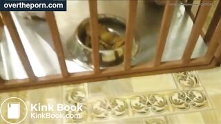 Milf goes into a cage and shit in a dog bowl
