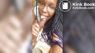 Ebony hungrily sucks dirty dildo clean