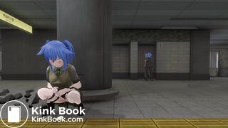 Girl peeing and pooping behind pillar