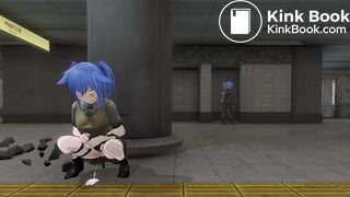 Girl peeing and pooping behind pillar