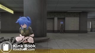 Girl peeing and pooping behind pillar