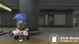 Girl peeing and pooping behind pillar