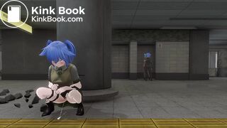 Girl peeing and pooping behind pillar