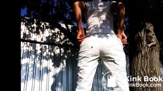 Woman has diarrhea under tree