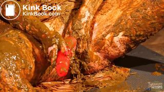 Betty stuffs her pussy with cow shit