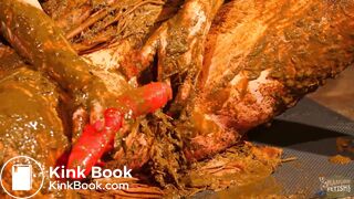 Betty stuffs her pussy with cow shit