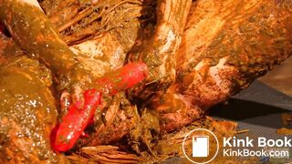 Betty stuffs her pussy with cow shit