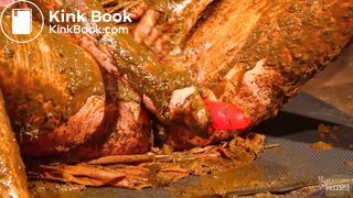 Betty stuffs her pussy with cow shit