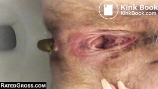 Woman with a hairy pussy pooping in the toilet