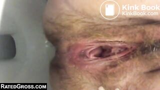 Woman with a hairy pussy pooping in the toilet