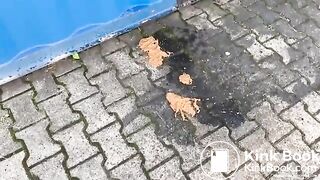 Blond Woman Shits Off A Storage Container