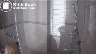 A blonde chick takes a shit in bathroom (mirror)