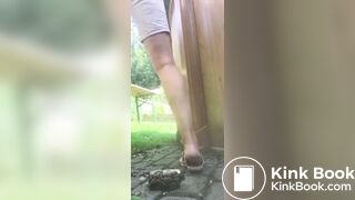 Woman pooping outdoors