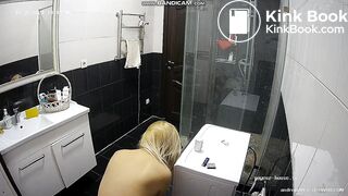pretty blonde pooping in bathroom