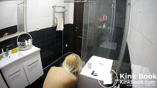 pretty blonde pooping in bathroom