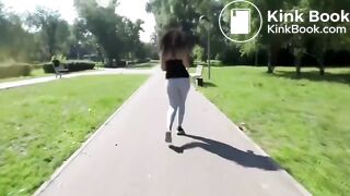 Russian babe leggings poop in a park