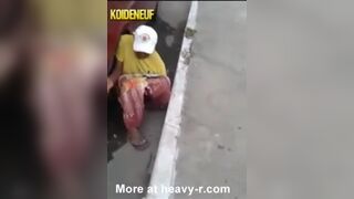 Woman pooping gets knocked over