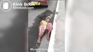 Woman pooping gets knocked over