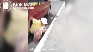Woman pooping gets knocked over