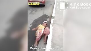 Woman pooping gets knocked over