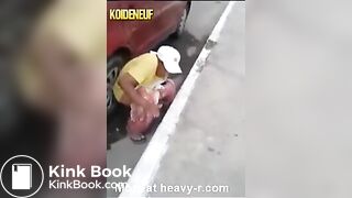Woman pooping gets knocked over