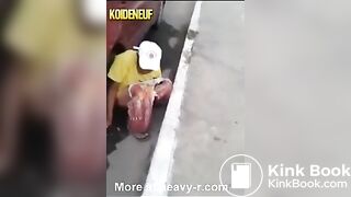 Woman pooping gets knocked over