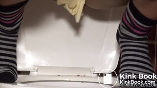 Girl Pees and Poops While Squatting on Toilet