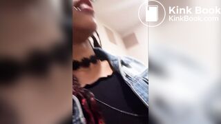 Nasty ebony chick shits in urinal and spits