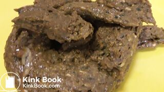 Shaved babe shits on yellow plate..