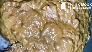 beautiful sexy naked blonde with a mask shits n pisses