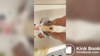 Slave daddy pees over his dirty diaper