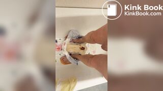 Slave daddy pees over his dirty diaper