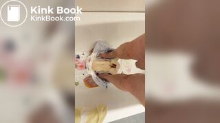 Slave daddy pees over his dirty diaper