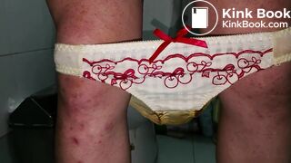 Take off this lovely cherries pattern panty to see the shit filled inside!!