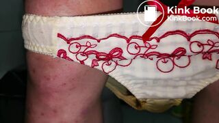 Take off this lovely cherries pattern panty to see the shit filled inside!!