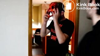 beautiful girl with two guys went into the house and went to take a shit in