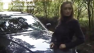 Girl pooping in the woods