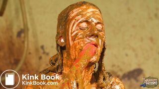 Betty licks the cowshit covered dildo