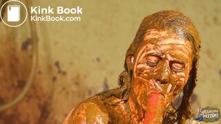 Betty licks the cowshit covered dildo