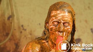 Betty licks the cowshit covered dildo