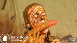 Betty licks the cowshit covered dildo