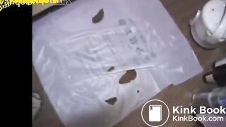 Lady pooping on top cabinet