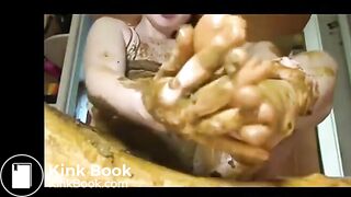 Scat covered slut loves to finger stinky shit up her pussy