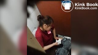 short caught hair peeing after waitress pooping with smoking