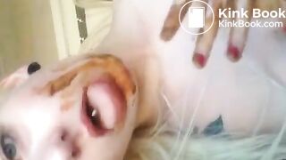 Pretty teen blonde smears shit on her pussy, face, and tongue.